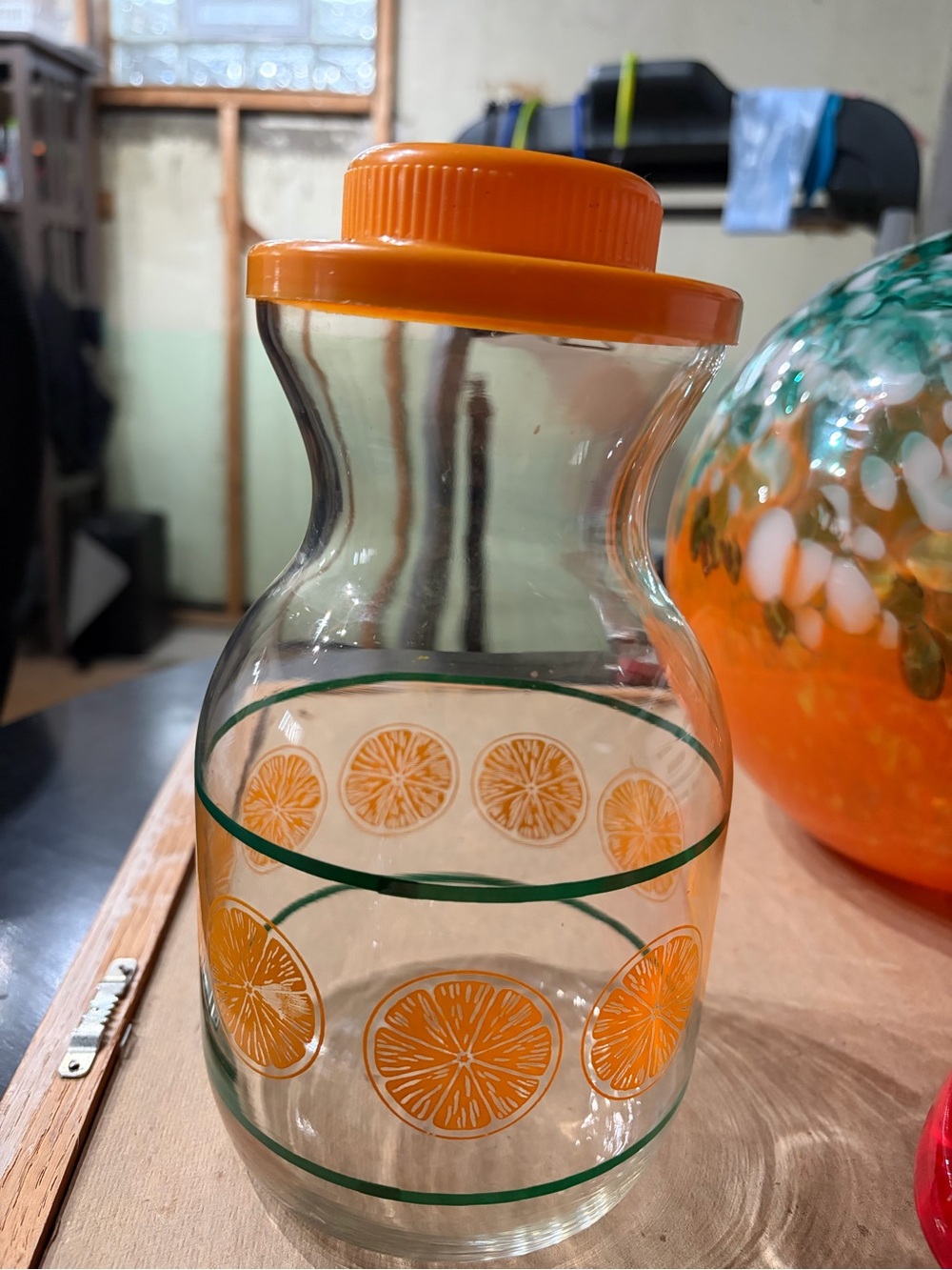 Vintage Clear Glass Citrus Carafe with Orange Lid and Green Accents